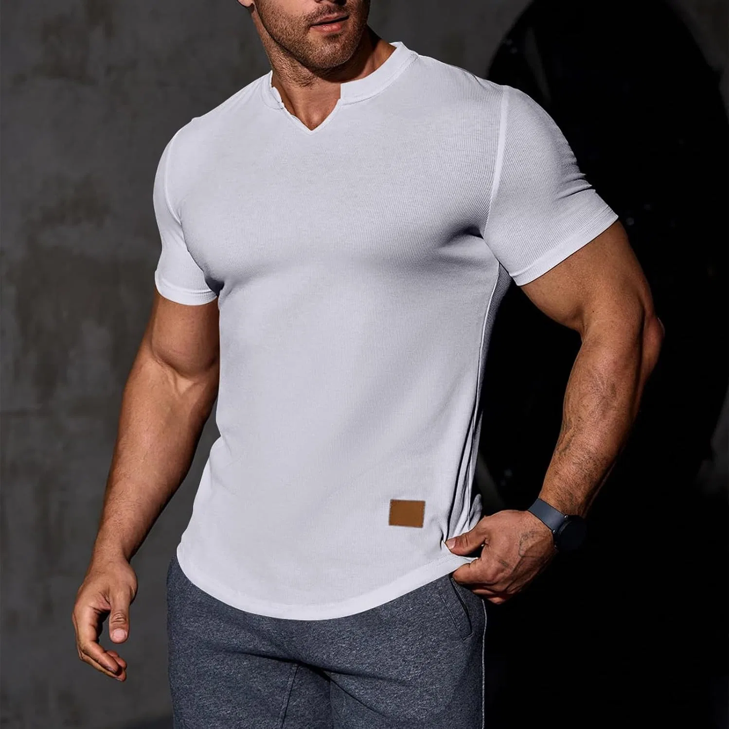 Мужская облегающая футболка с V-образным вырезом Henley Summer Casual, White — фото 2