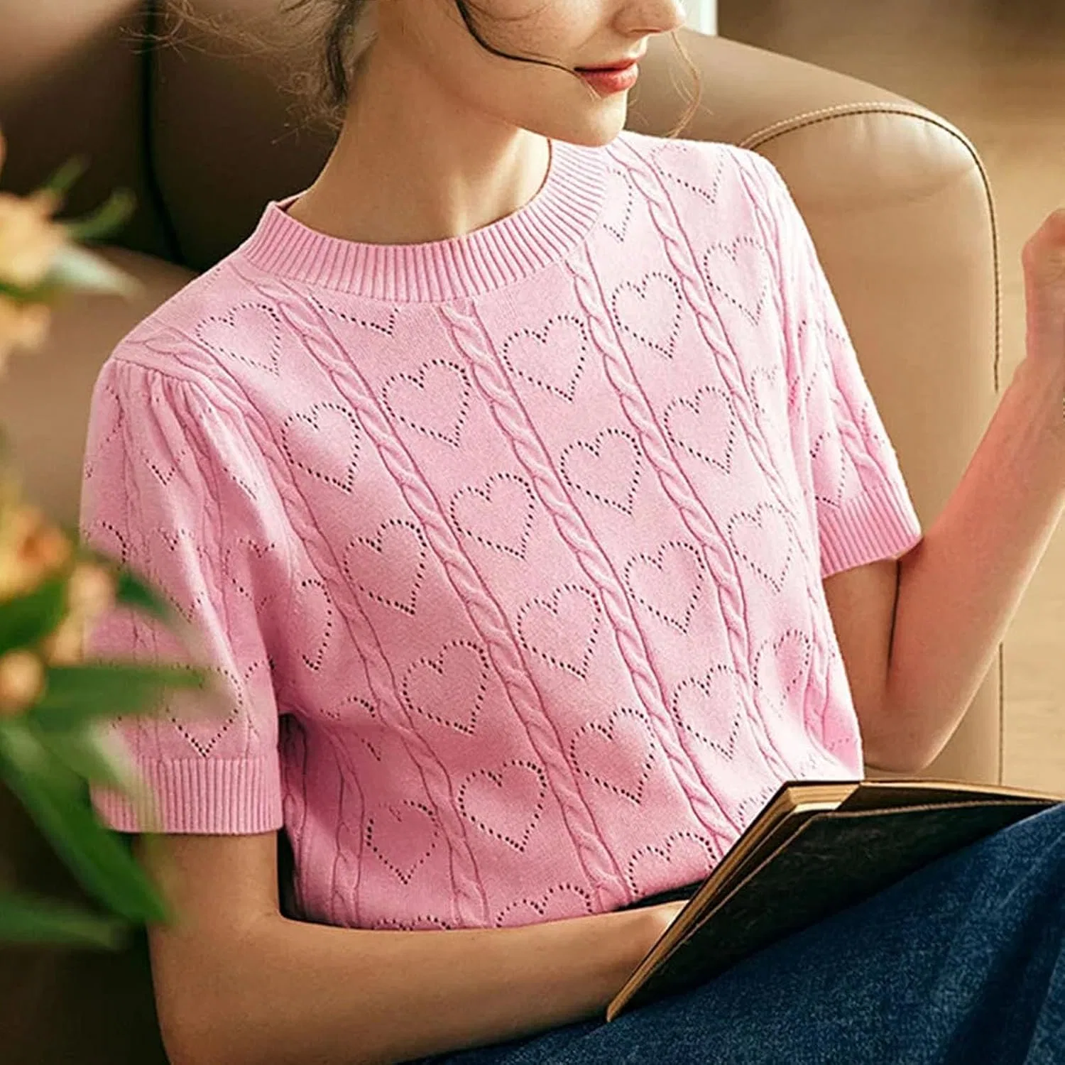 Женский пуловер с коротким рукавом, вязаный, с круглым вырезом, Pink Pullovers — фото 4