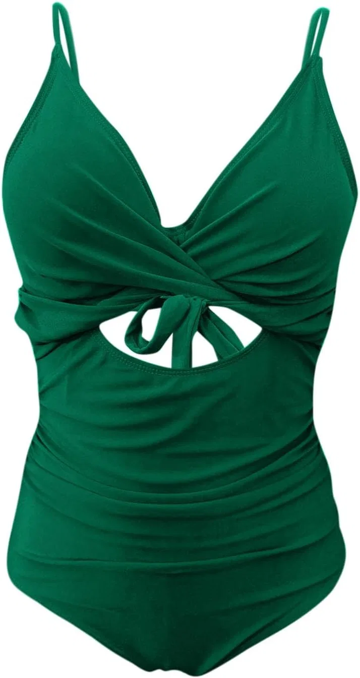 Женский слитный купальник с утяжкой живота ruched high waist, Green — фото 3