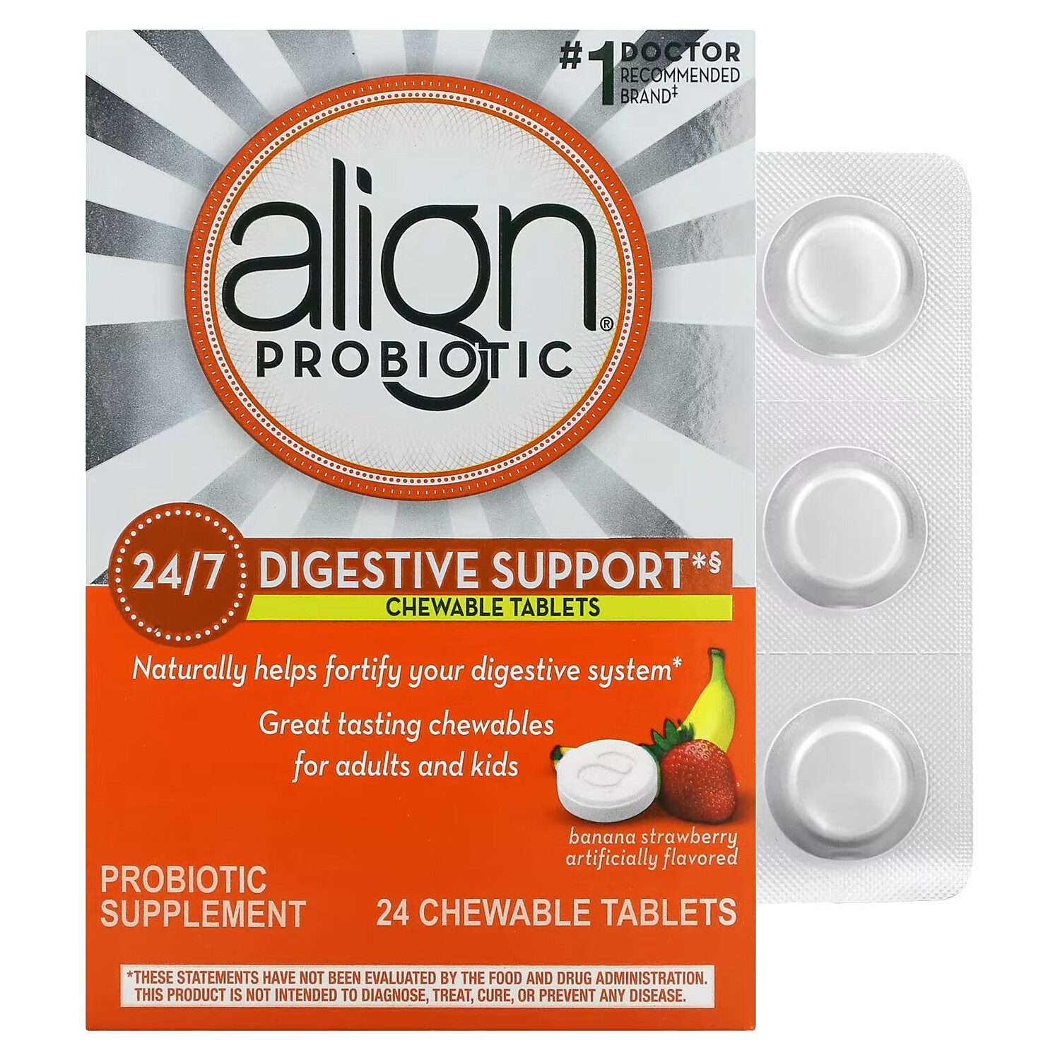 

Align Probiotics, 24/7 для поддержки пищеварения, банан и клубника, 24 жевательные таблетки