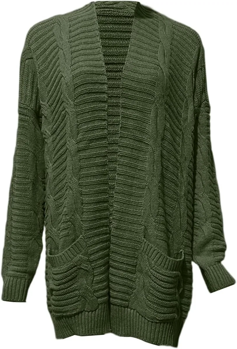 Женский кардиган-оверсайз с косами, модель Oversized Cable-Knit Open-Front Cardigan, зелёный — фото 4