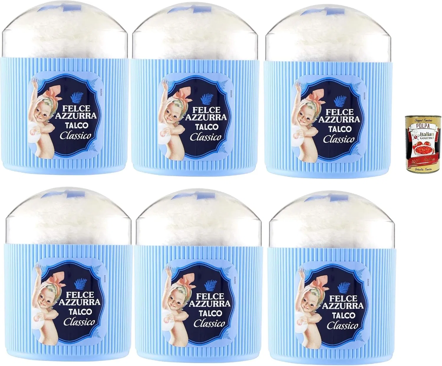 Тальк для тела Felce Azzurra Paglieri с пуховкой, 6 x 250 г + итальянская полпа 400 г Italian Gourmet E.R.