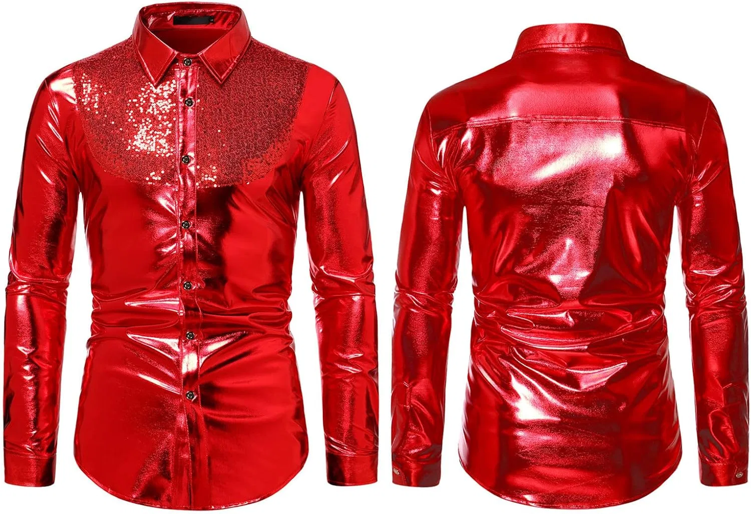 Мужская рубашка с пайетками, длинный рукав, slim fit, Red — фото 3