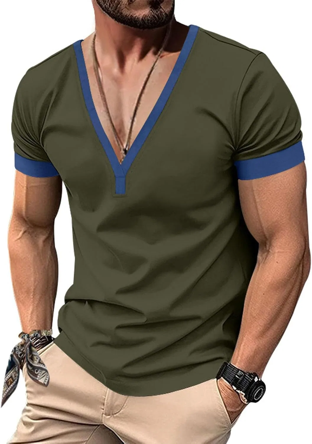 Мужская футболка с V-образным вырезом Henley, Army Green — фото 2
