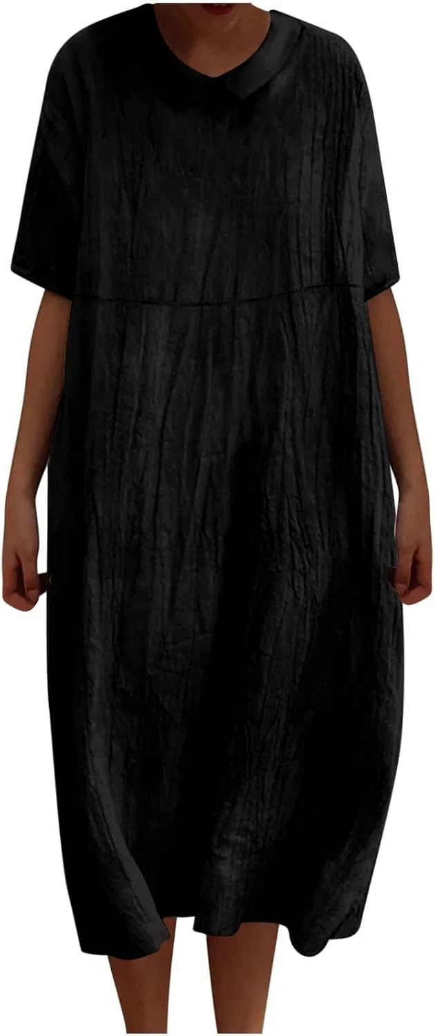 Женское летнее платье-макси с воротником Питер Пэн, Cotton/Linen, Black
