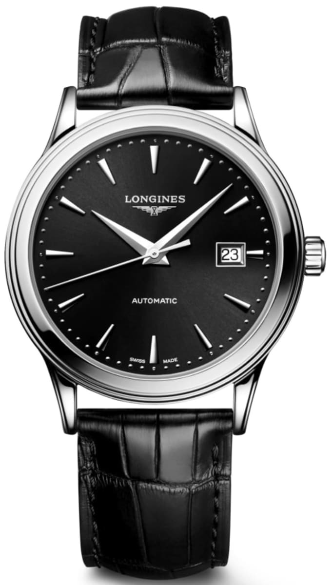 

Longines Флагманские автоматические мужские часы с черным циферблатом и кожаным ремешком L4.984.4.59.2