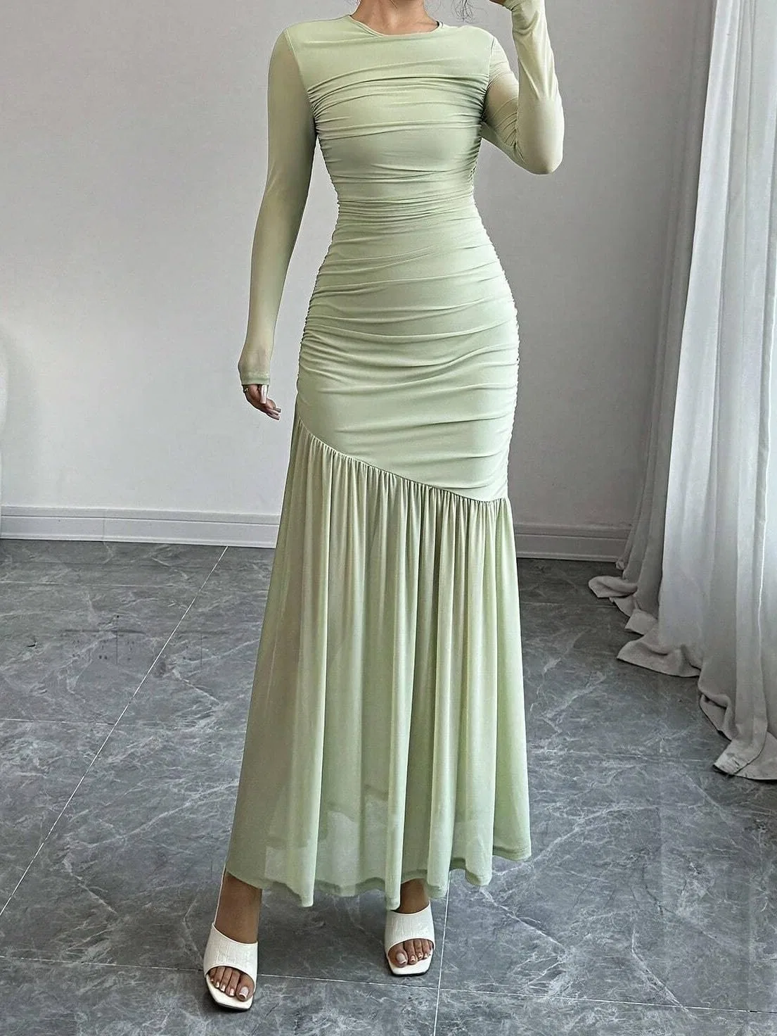 Женское элегантное длинное платье миди с воротником-стойкой, Mint Green — фото 4