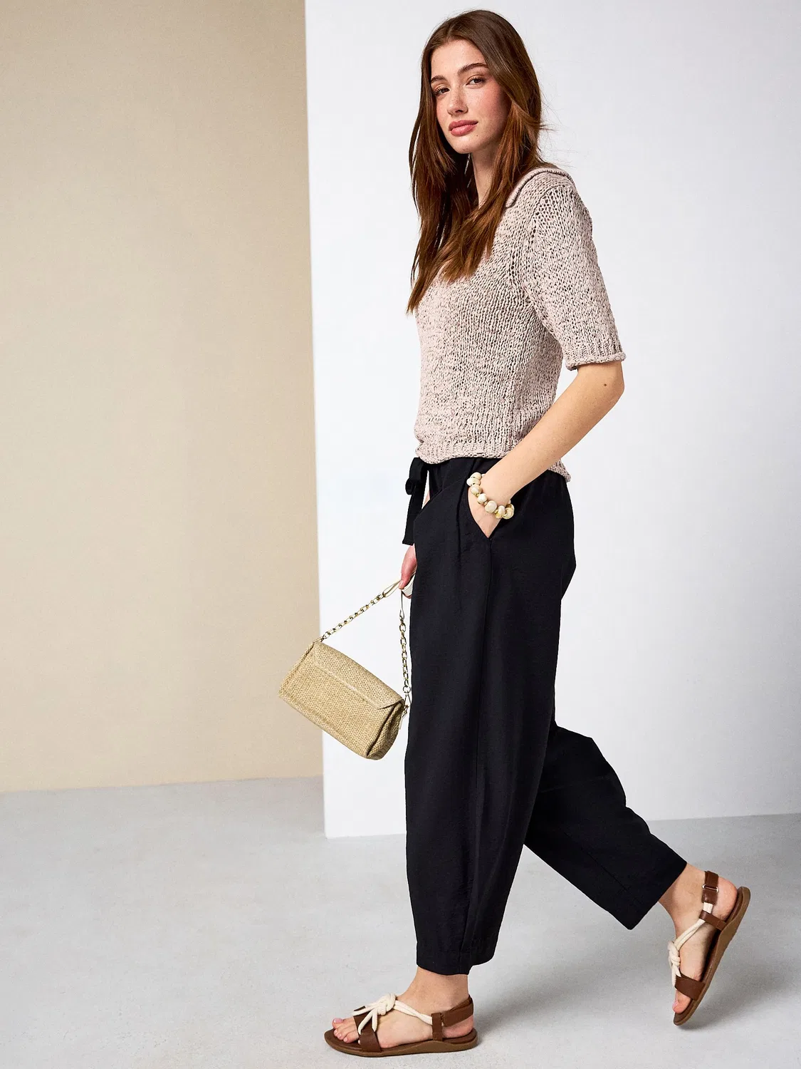 Брюки баррель, глянцевый нейлон-лен, Black Barrel Leg Trousers with Linen Next, черный — фото 2