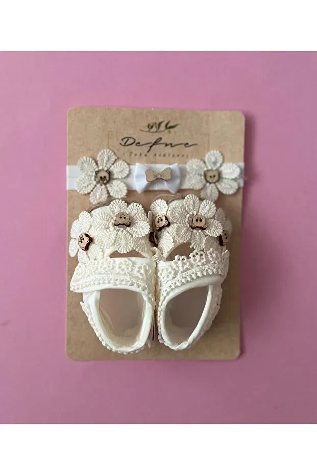 Детские пинетки для девочек кружевные Lace baby booties & headband Baby Wear, White — фото 3