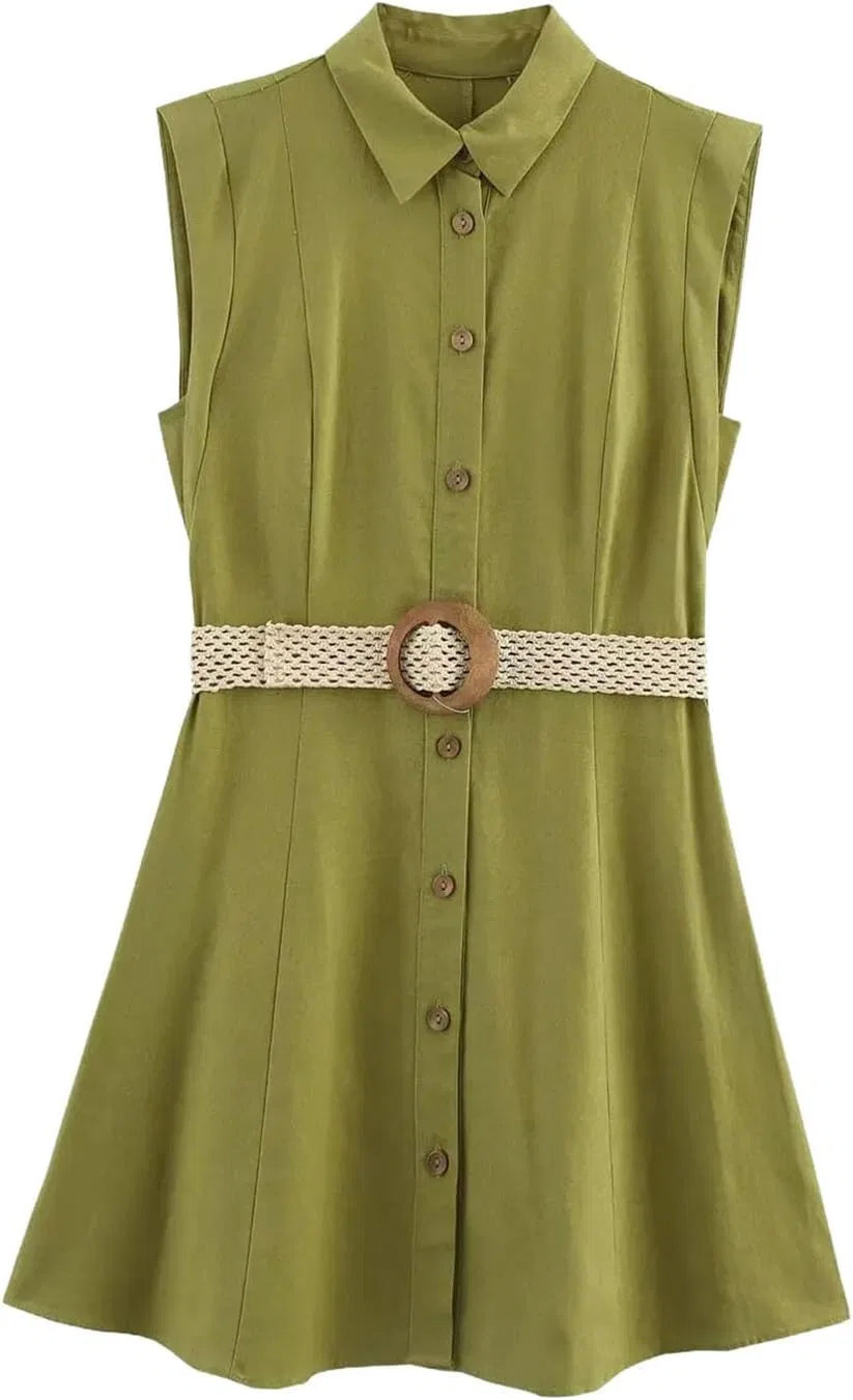 Женское платье-рубашка с поясом A-line Casual, Army Green