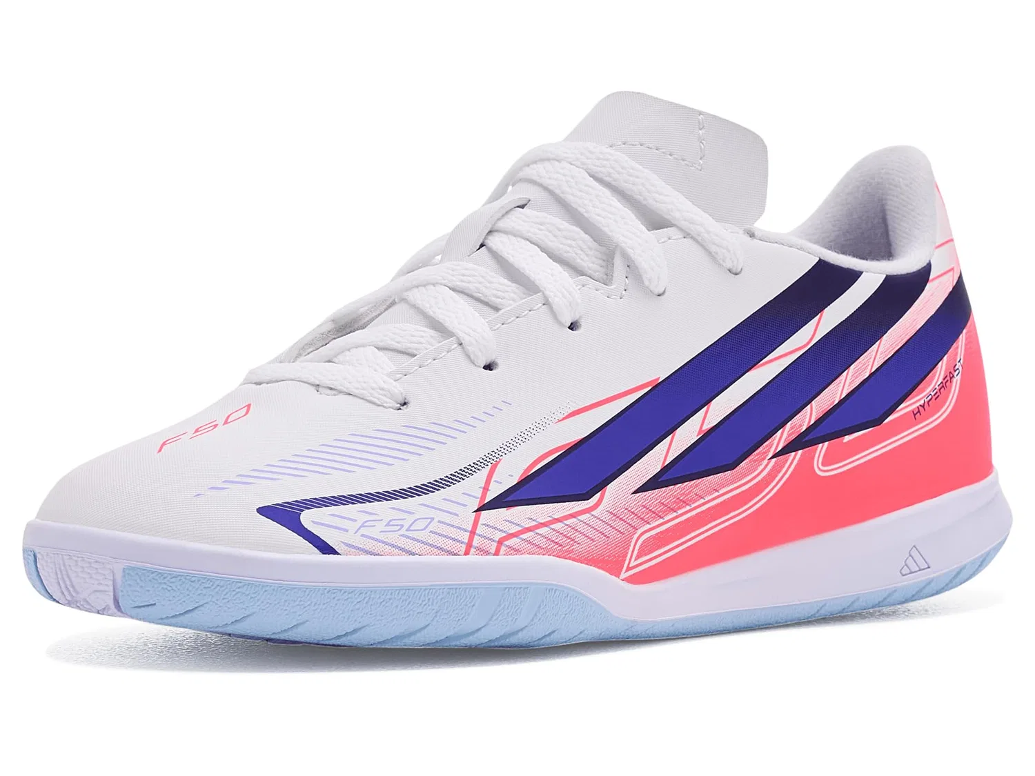 Бутсы F50 Hyperfast Club Indoor (для маленьких и больших детей) Adidas Kids, White/Solar Purple/Solar Turbo
