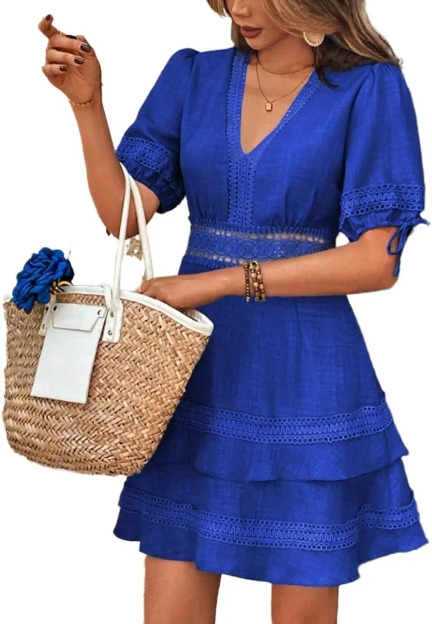 Женское повседневное платье А-силуэта с кружевом и рюшами, Royal Blue