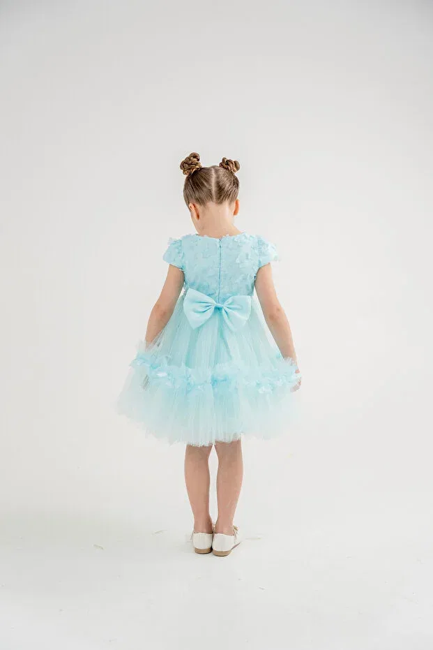 Детское вечернее платье с коротким рукавом Butterfly ruffled blue back bow detail tulle Eray Kids, Blue — фото 3