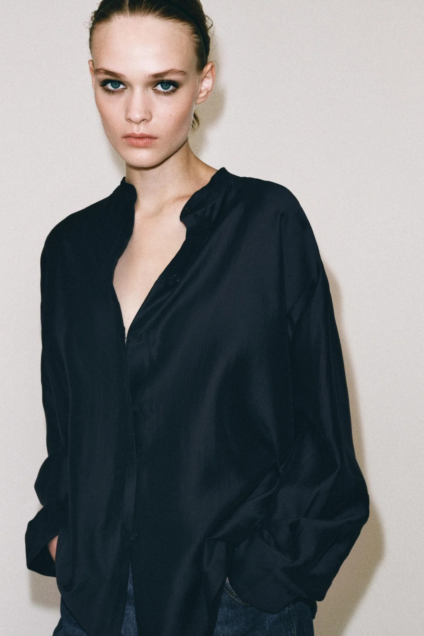 Рубашка Zara с воротом мао, темно-синий