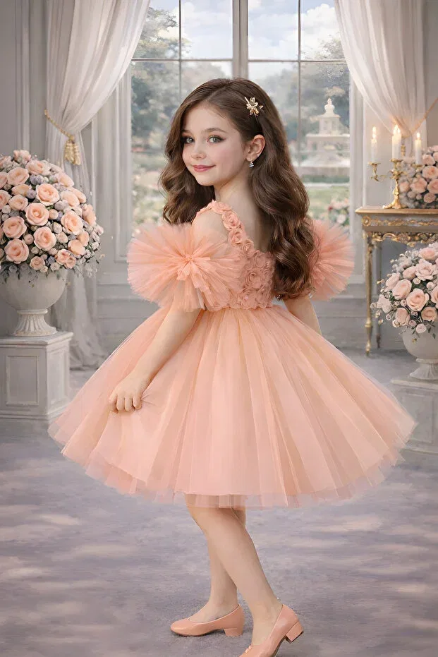 Детское платье для девочек с принтом Pompom sleeves Rumi Kids, Salmon — фото 3