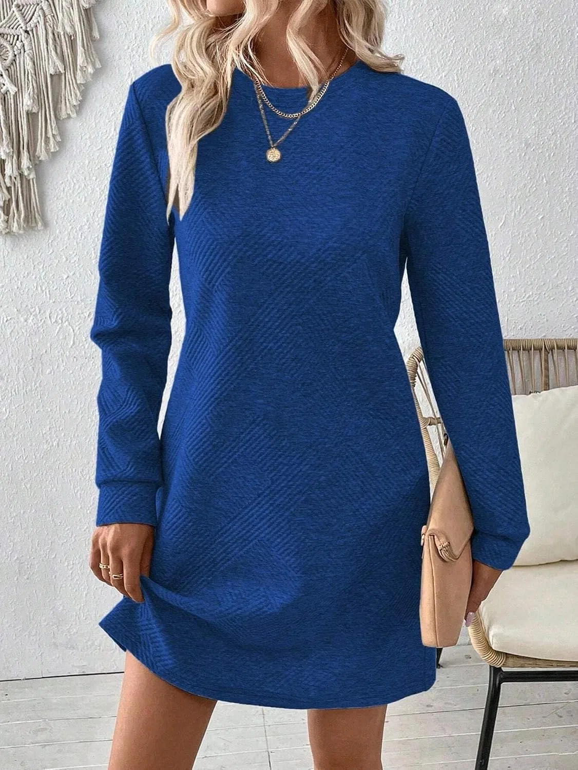 Женское повседневное платье-футболка с длинным рукавом, Blue — фото 4