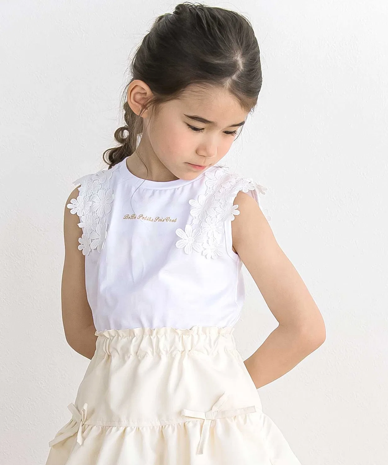 Детская майка без рукавов с цветочным кружевом BeBe Petits Pois Vert, White