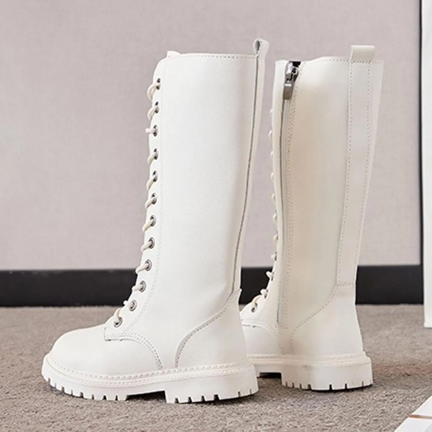 Детские ботинки на шнуровке с молнией для девочек, модель Girls Lace Up Combat Boots, Beige — фото 3