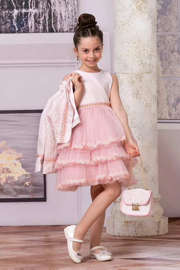Детское вечернее платье для девочек с длинным рукавом Süslü Pink Kids, Pink — фото 2