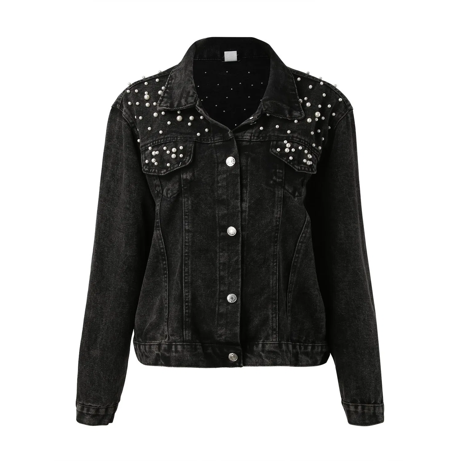 Женская джинсовая куртка с жемчугом и вышивкой Yellow Down Jacket, Black