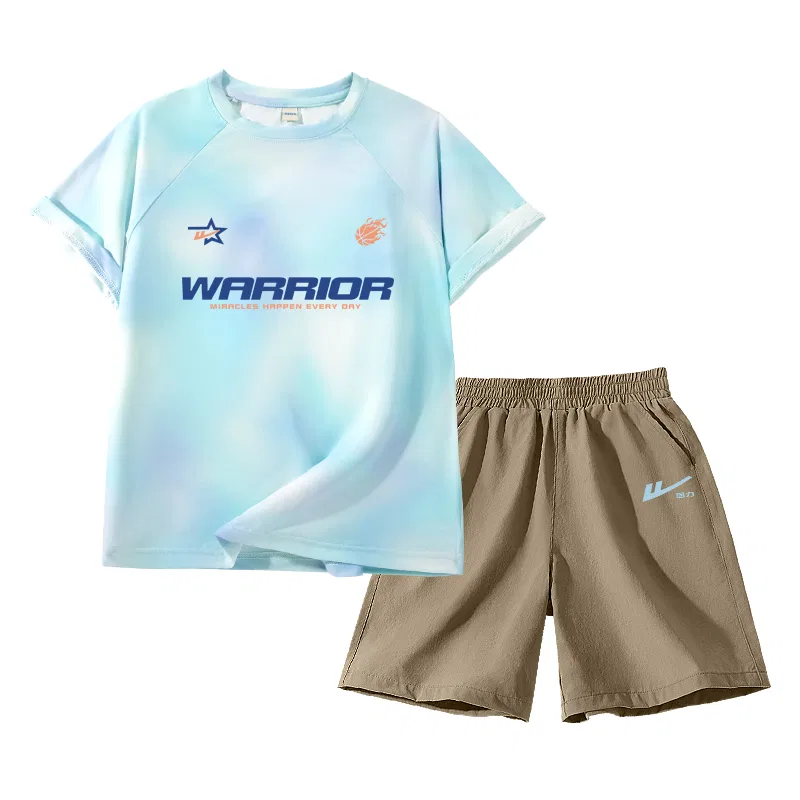 Детский спортивный комплект из двух предметов с принтом, Basketball Blue Text-Khaki/Huili Qing Blue K, WARRIOR