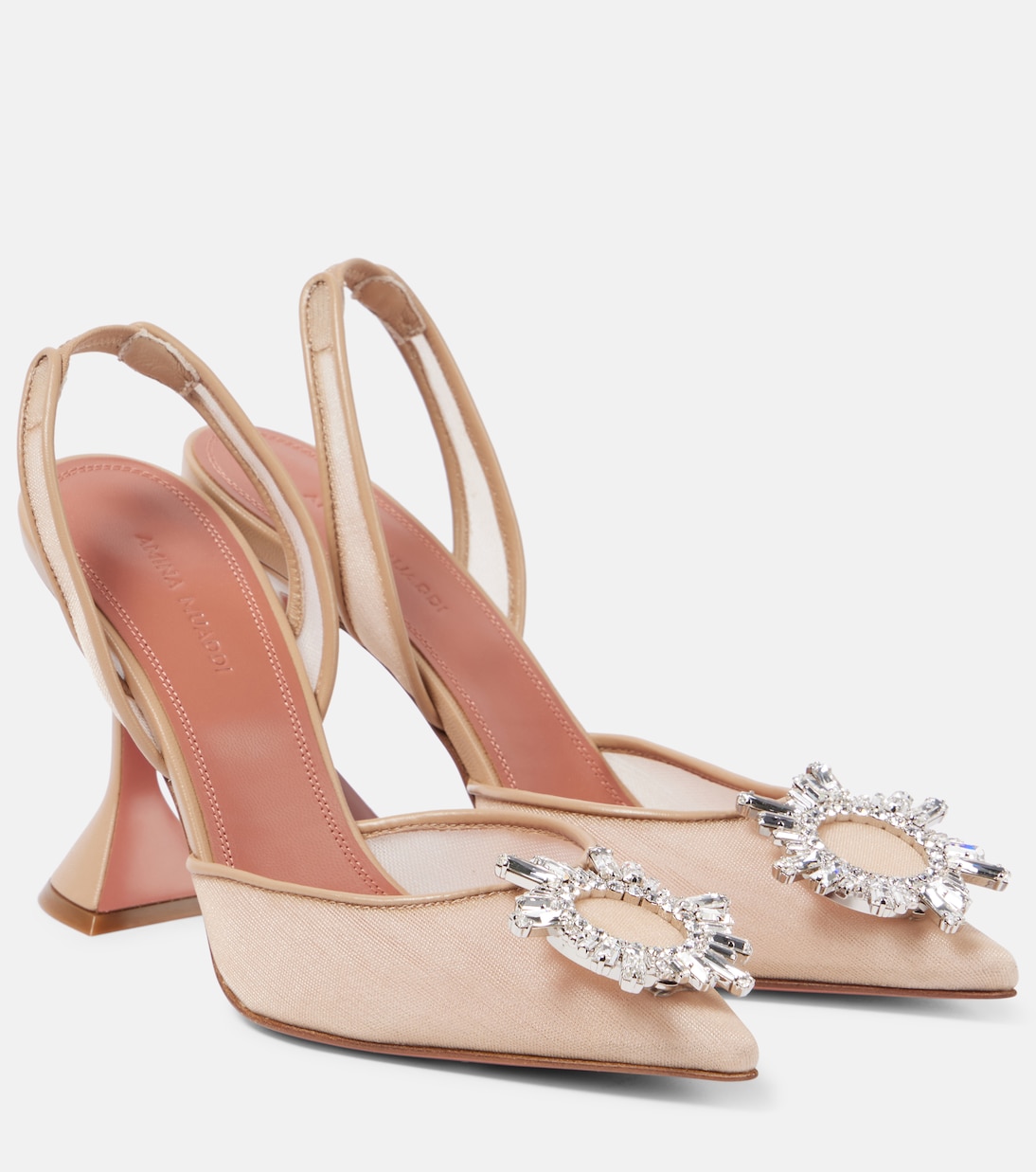 Босоножки Begum 95 на сетчатой подошве с ремешком на пятке Amina Muaddi, Beige + White Crystal Buckle