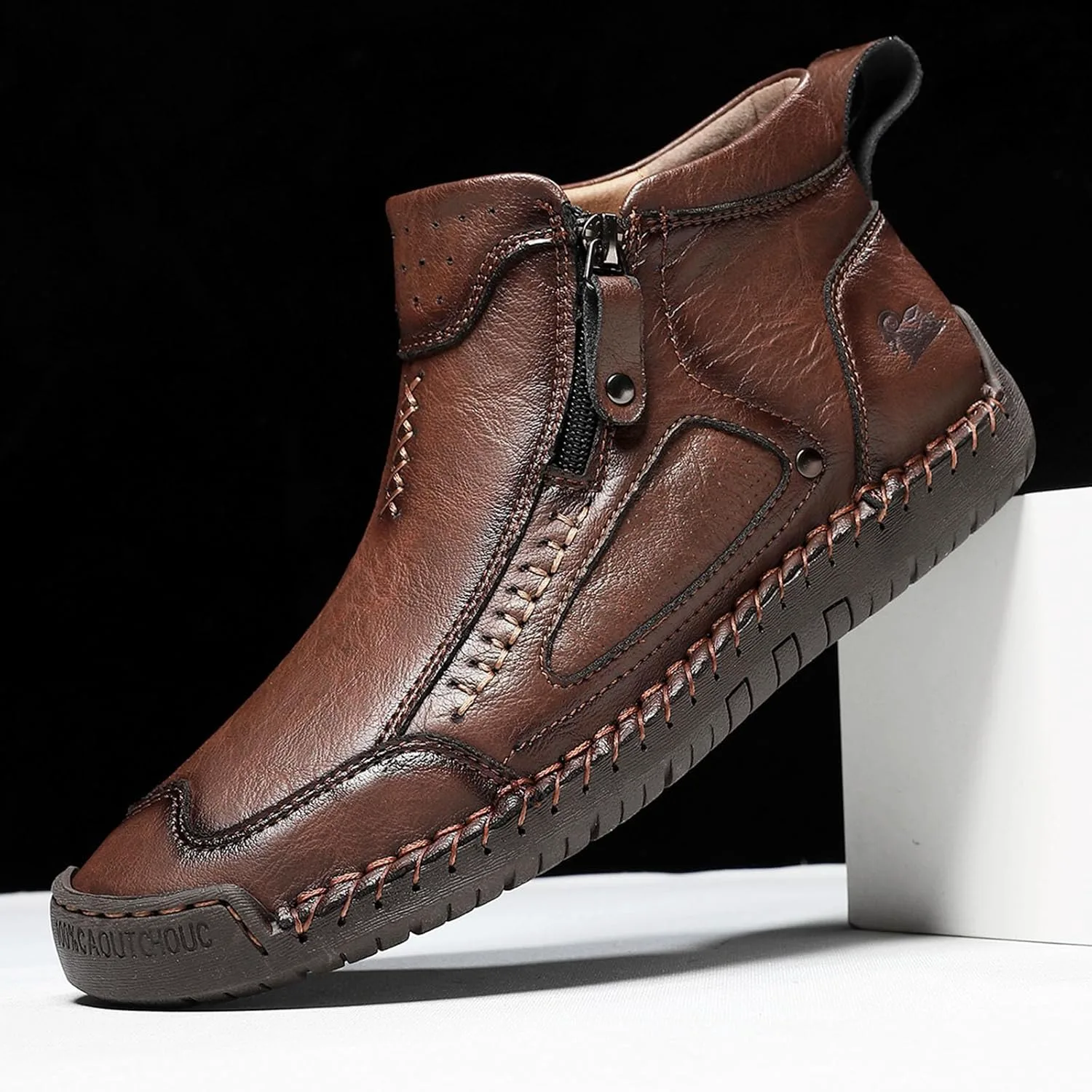 Первая коллекция Young Shoes Мужские повседневные кожаные туфли с эластичной застежкой Ручная работа Ботинки Чакка на щиколотке С боковой молнией Стиль Mid Top Для прогулок Лоферы для улицы Дышащие Ортопедические Рабочие туфли LGHLMCL, коричневы... — фото 2