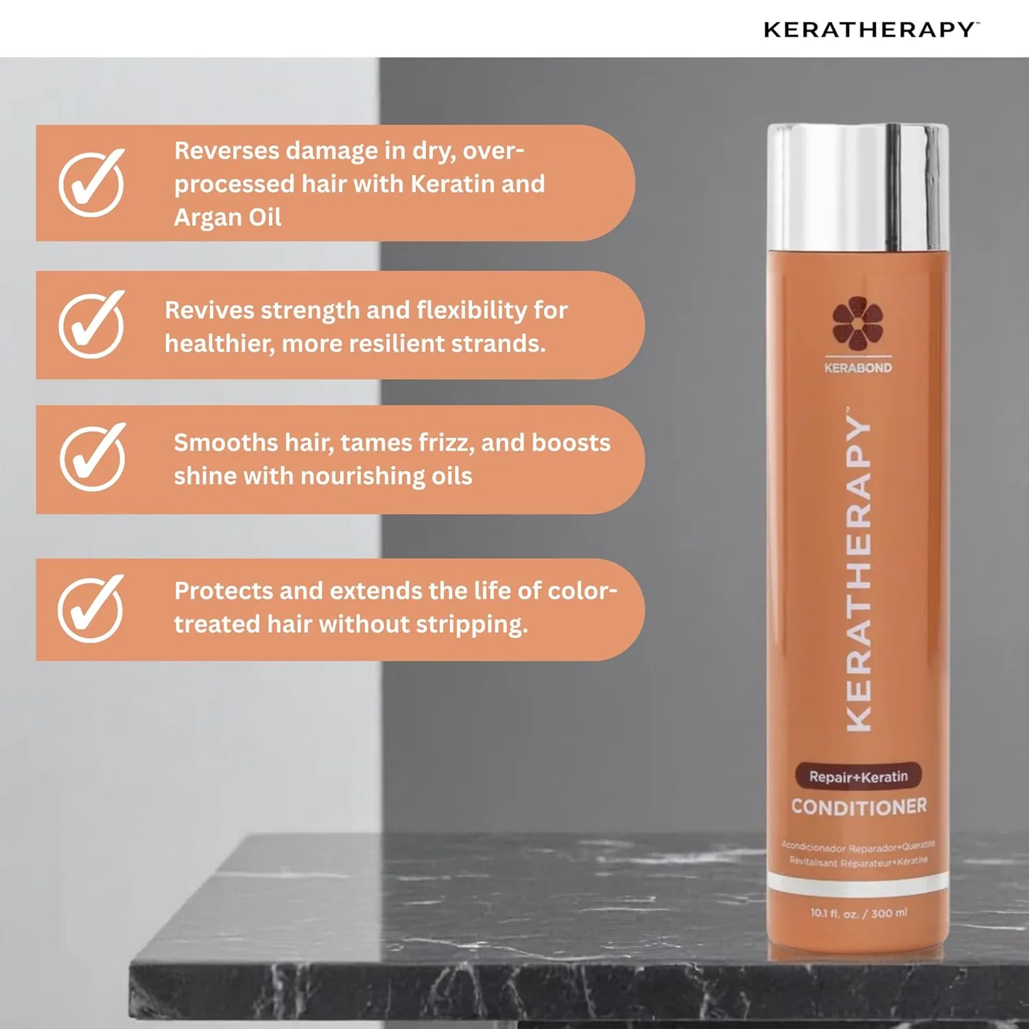 KERATHERAPY Кондиционер с кератином для восстановления, 300 мл - восстанавливает сухие, поврежденные или пушащиеся волосы с экстрактом икры, аргановым маслом и Kerabond 299 мл (.) — фото 3