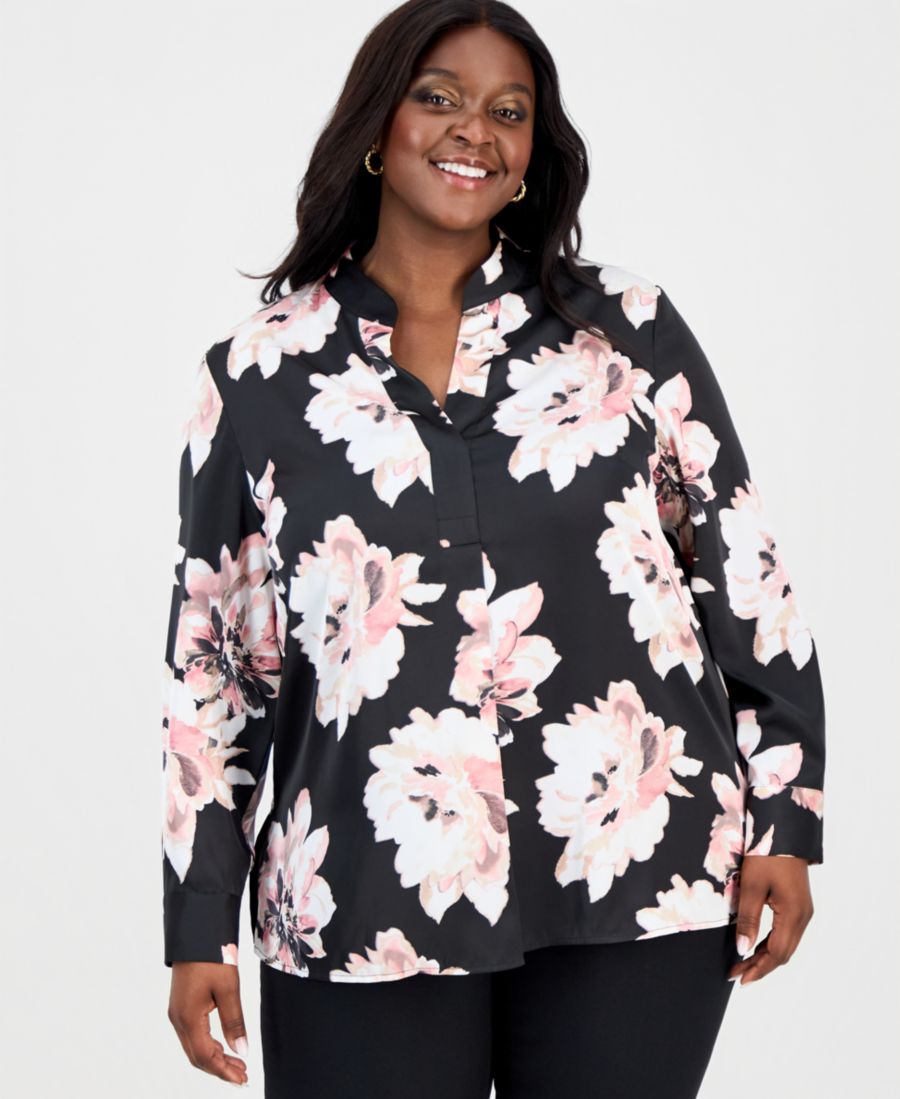 

Топ большого размера с воротником-стойкой и манжетами на пуговицах Anne Klein, Anne Black Multi