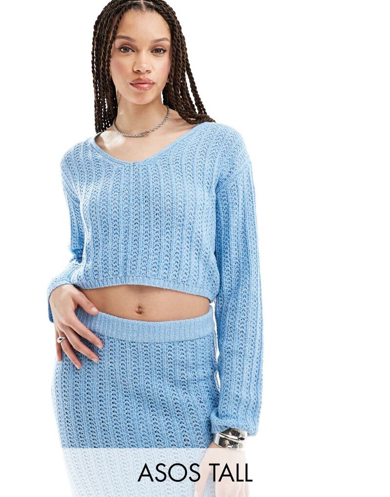 

Синий укороченный свитер открытой вязки с V-образным вырезом ASOS DESIGN Tall — часть комплекта