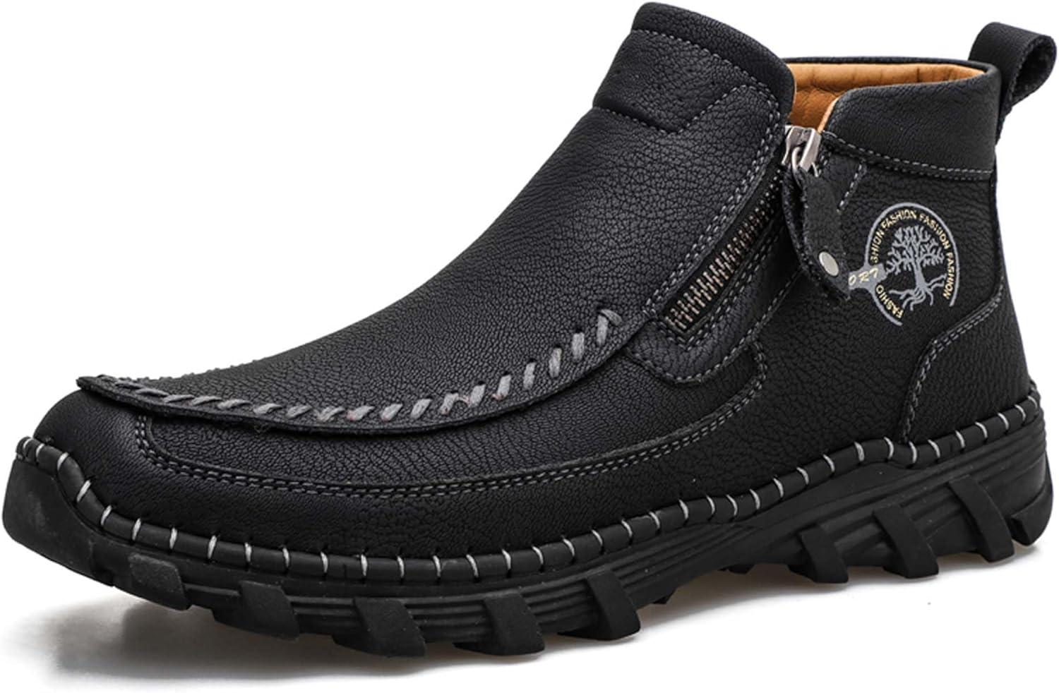 

Мужские премиальные кожаные повседневные туфли, модные прогулочные туфли, на молнии, в классическом рабочем стиле, ручная строчка, противоскользящие, прочные Generic, черный