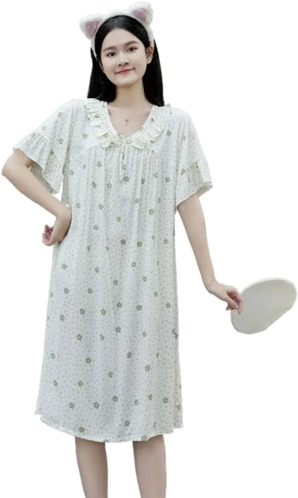 Премиум-класса комфортные ночные рубашки из шелкового хлопка с оборками на воротнике для женщин, домашнее платье с узором, мягкая ночная одежда, нижнее белье Generic, зеленый