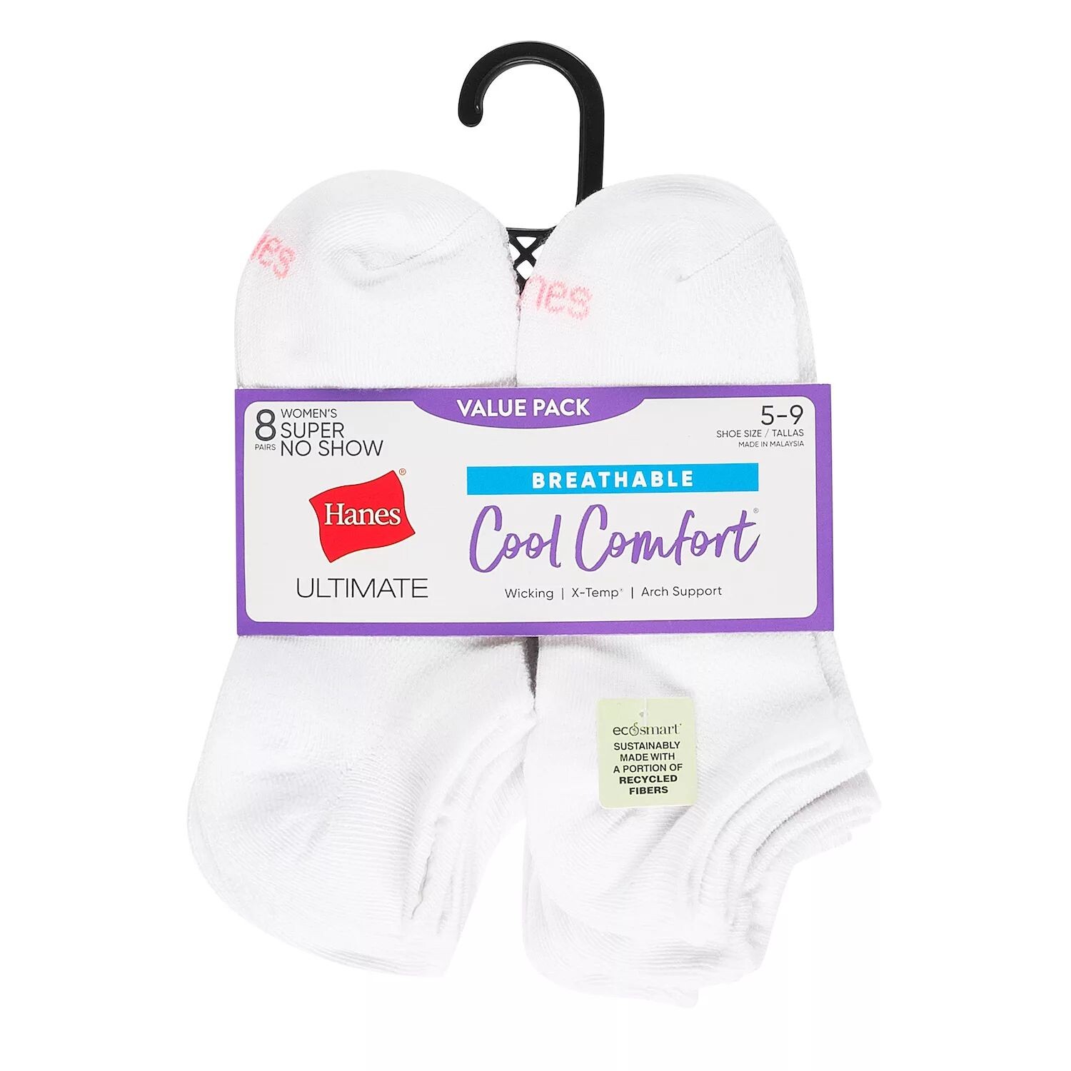 

Женские носки Hanes Ultimate Cool Comfort, 8 пар дышащих супернизких носков-неявок HWUBS8 Hanes, черный/серый