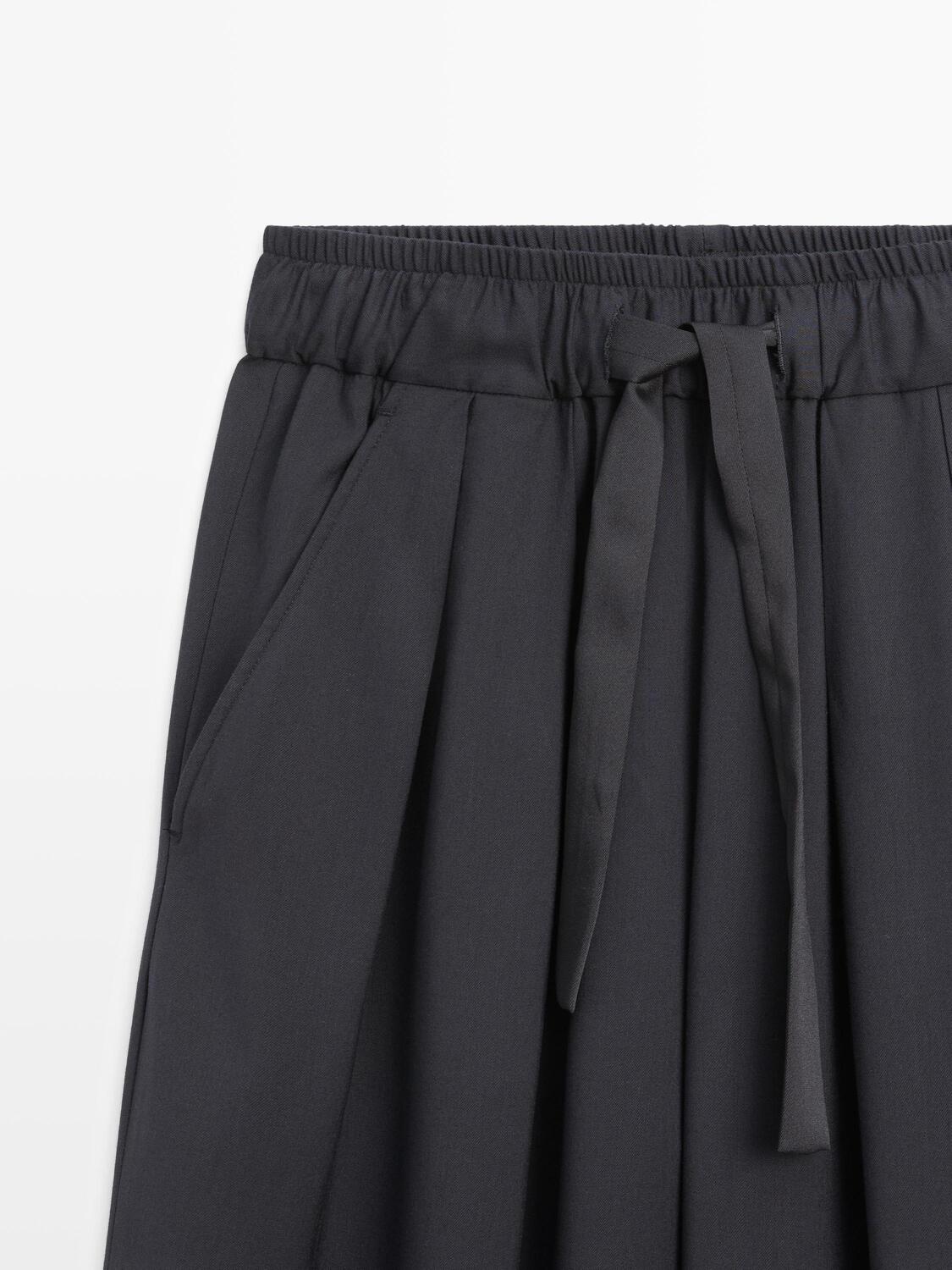 Объемные плиссированные брюки с широкими штанинами Massimo Dutti, navy blue — фото 4