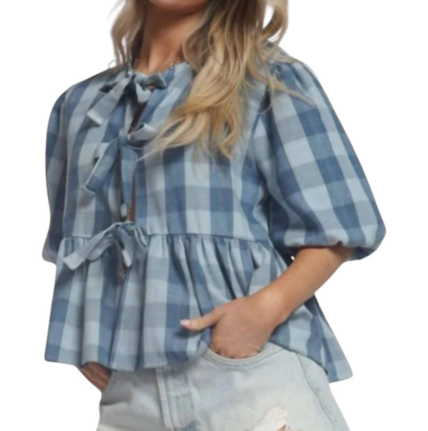 

Блуза из газовой ткани с бантом в синем цвете Blue Buttercup