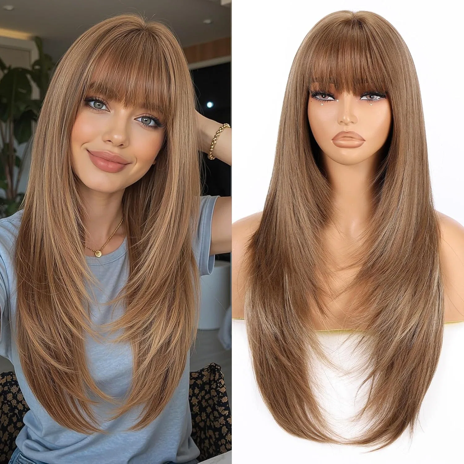 Женский длинный прямой парик с челкой из синтетических волокон Allbell, Highlight Light Brown