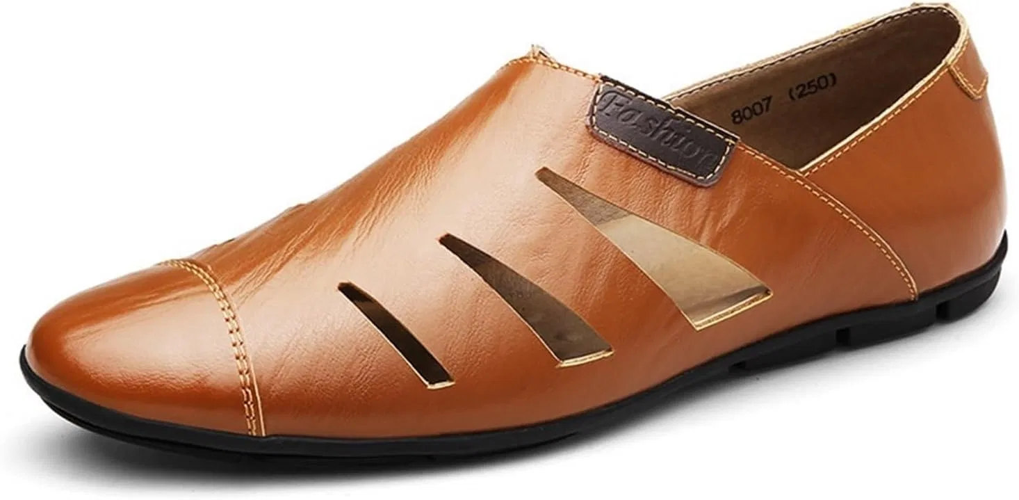 Мужские сандалии кожаные перфорированные, Loafers, коричневый DMGYCK
