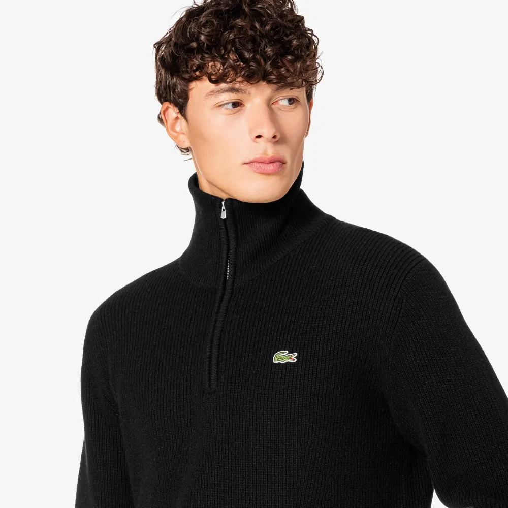 Мужской пуловер на молнии в рубчик из шерсти чёрный от Lacoste — фото 2