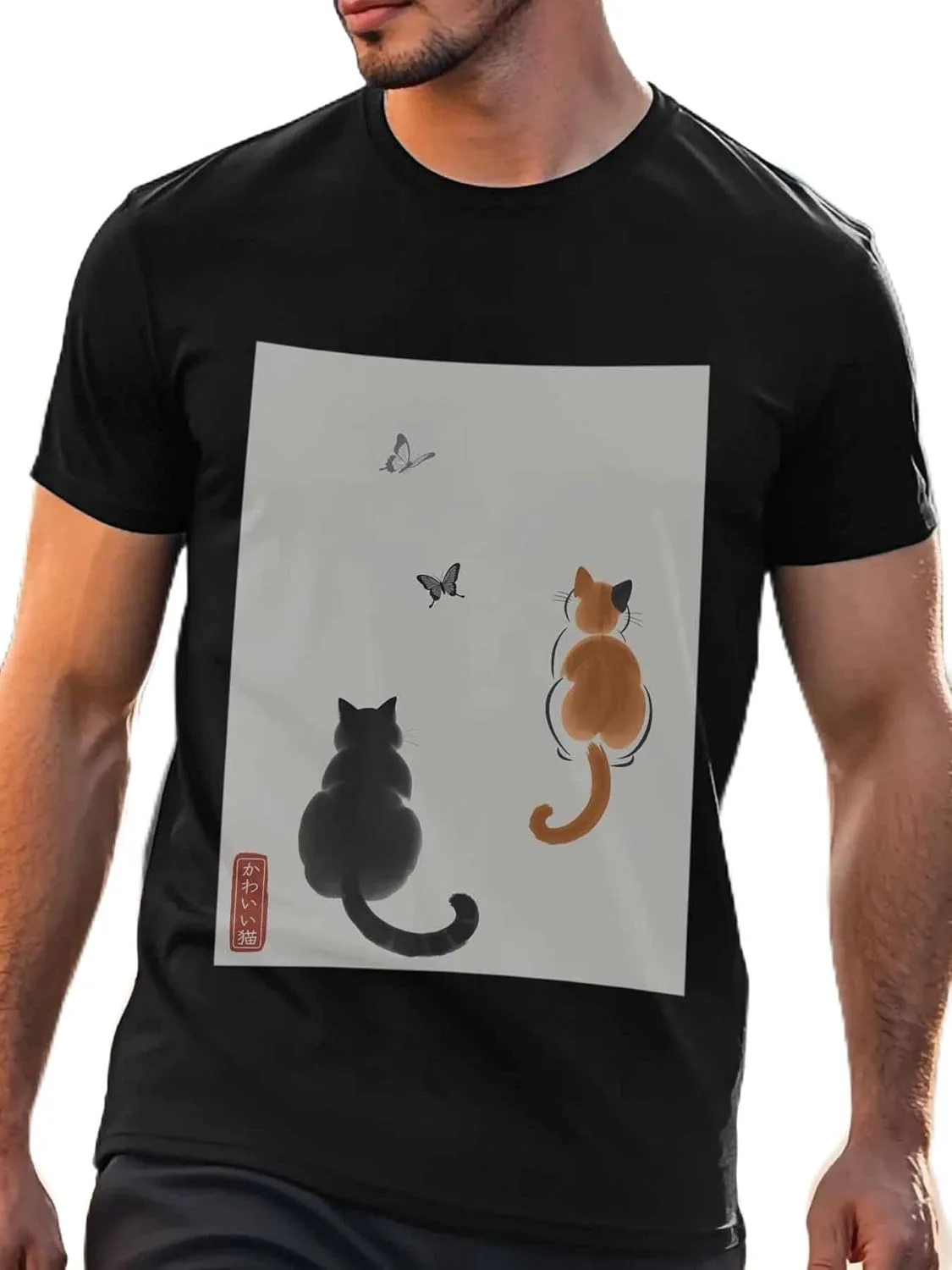 

Футболка для мужчин, японский стиль Cat Crew Neck, хлопок, короткий рукав, котенок и бабочка NITBANLA