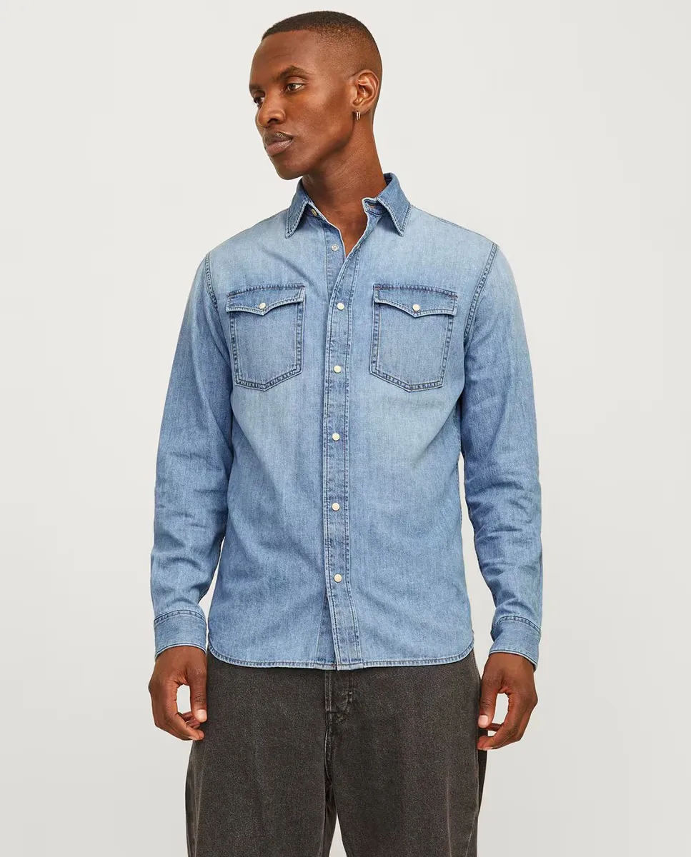 

Мужская хлопковая футболка с длинными рукавами, имитирующая деним Jack & Jones, синий