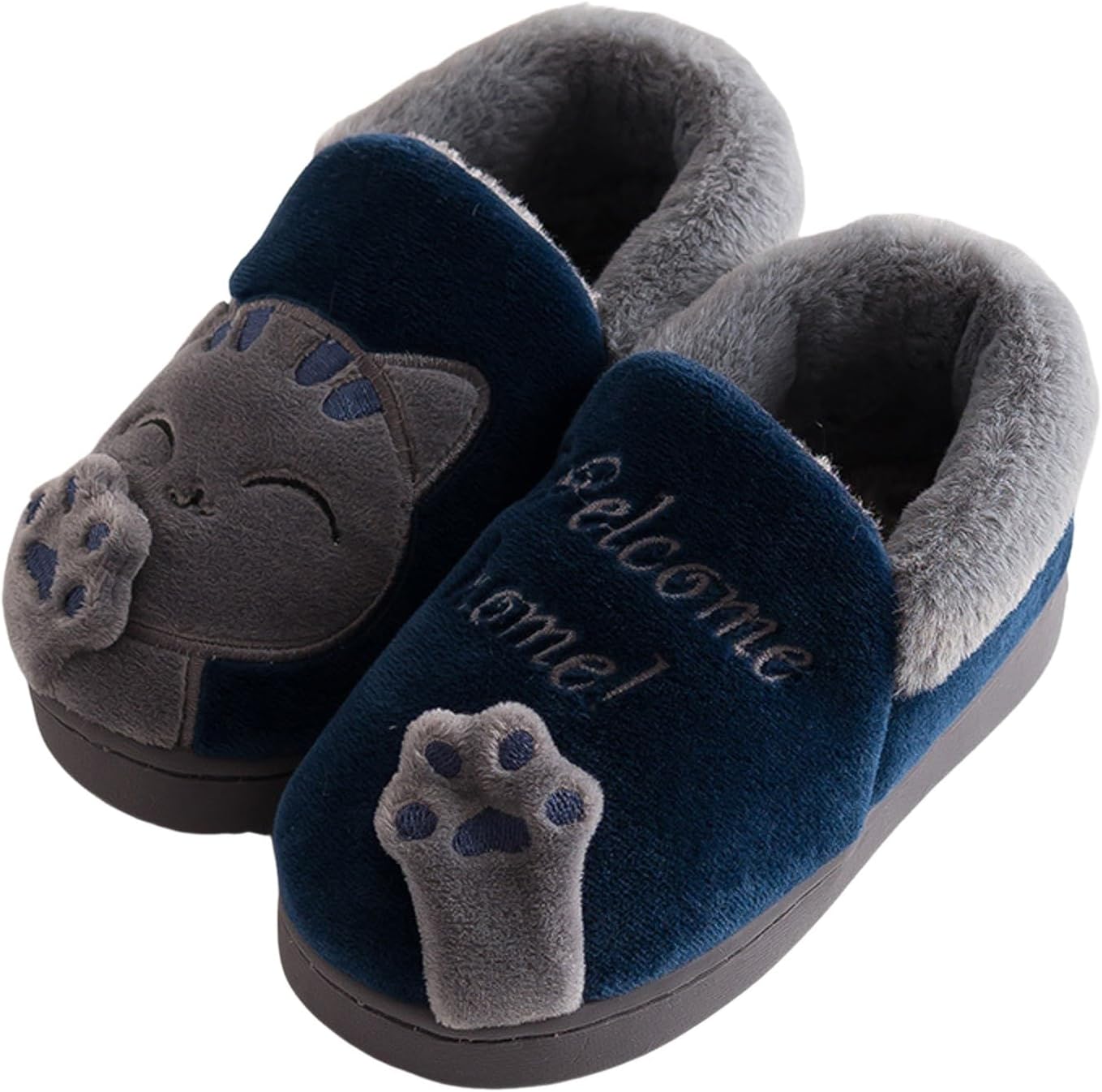 

Детские милые мультяшные тапочки IWIHMIV с толстой подошвой, плюшевые, теплые зимние домашние тапочки для девочек и мальчиков, не скользящие, темно-синий