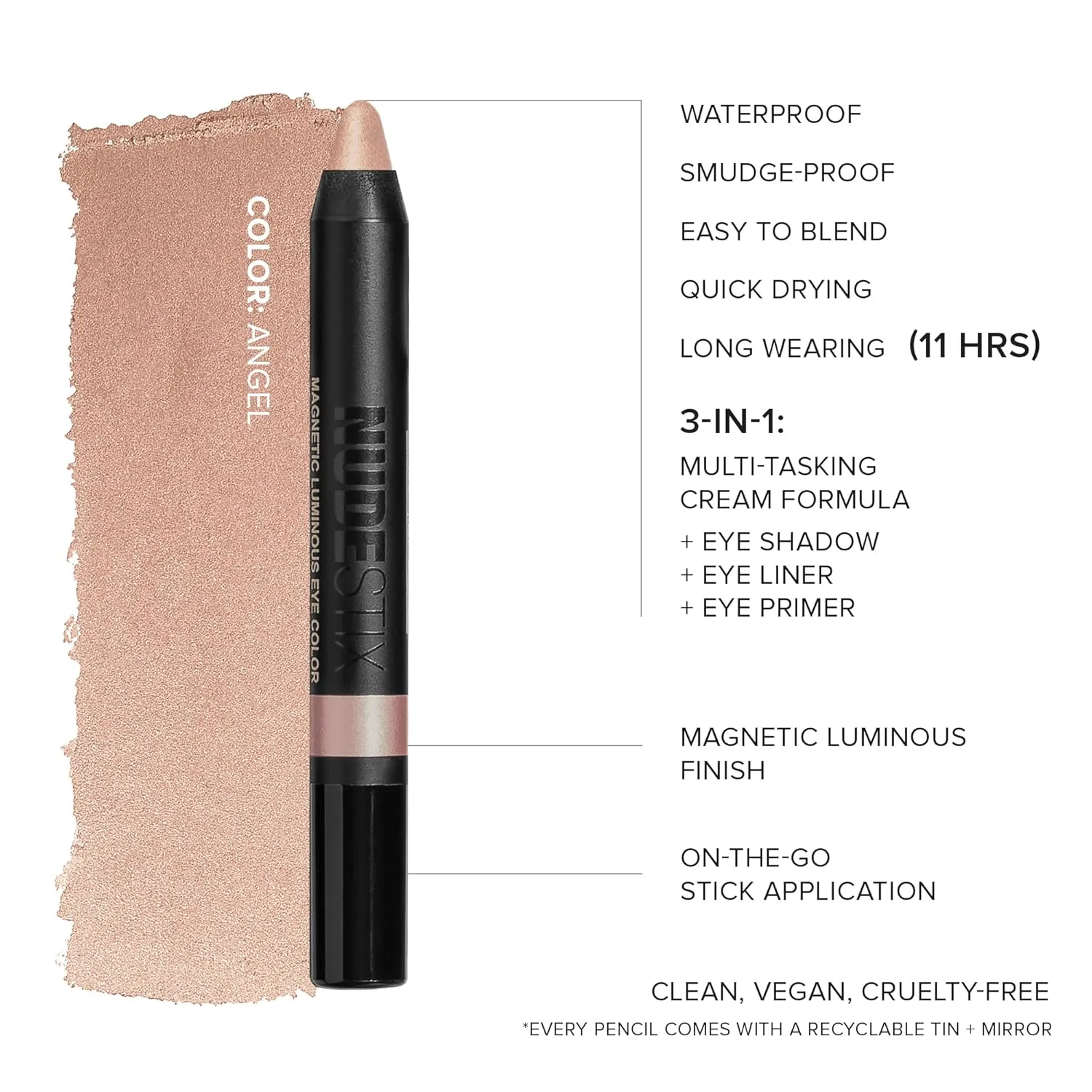 Nudestix Magnetic Luminous Eye Color - кремовые тени-карандаш 4-в-1, подводка для глаз, праймер и хайлайтер | Стойкий, водостойкий сатиновый финиш | Веганский продукт, не тестируется на животных, Angel — фото 4
