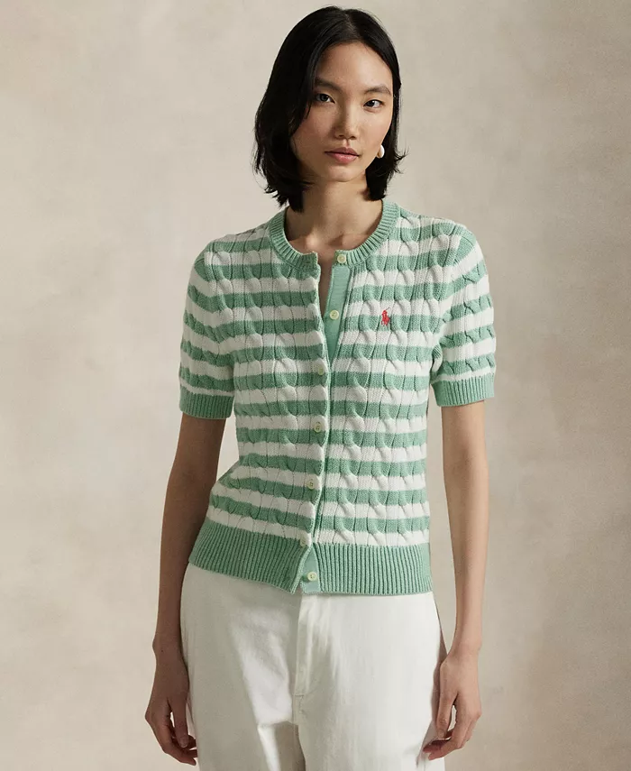 

Женский короткий кардиган с полосками и ажурной вязкой Polo Ralph Lauren, зеленый