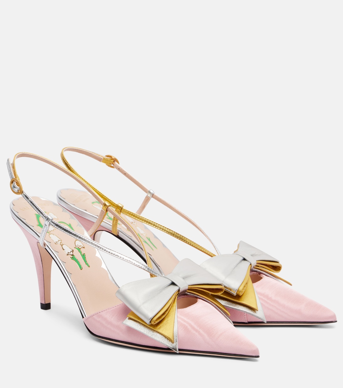 Bowow 85 туфли-лодочки с ремешком на щиколотке из кожи и ткани в рубчик Valentino Garavani, Bubble/Silver/Old Gold