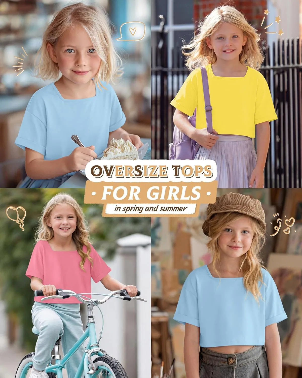 Детский топ оверсайз с квадратным вырезом LessonZoo, 3 шт, Sky Blue, Yellow, Peach Pink — фото 2