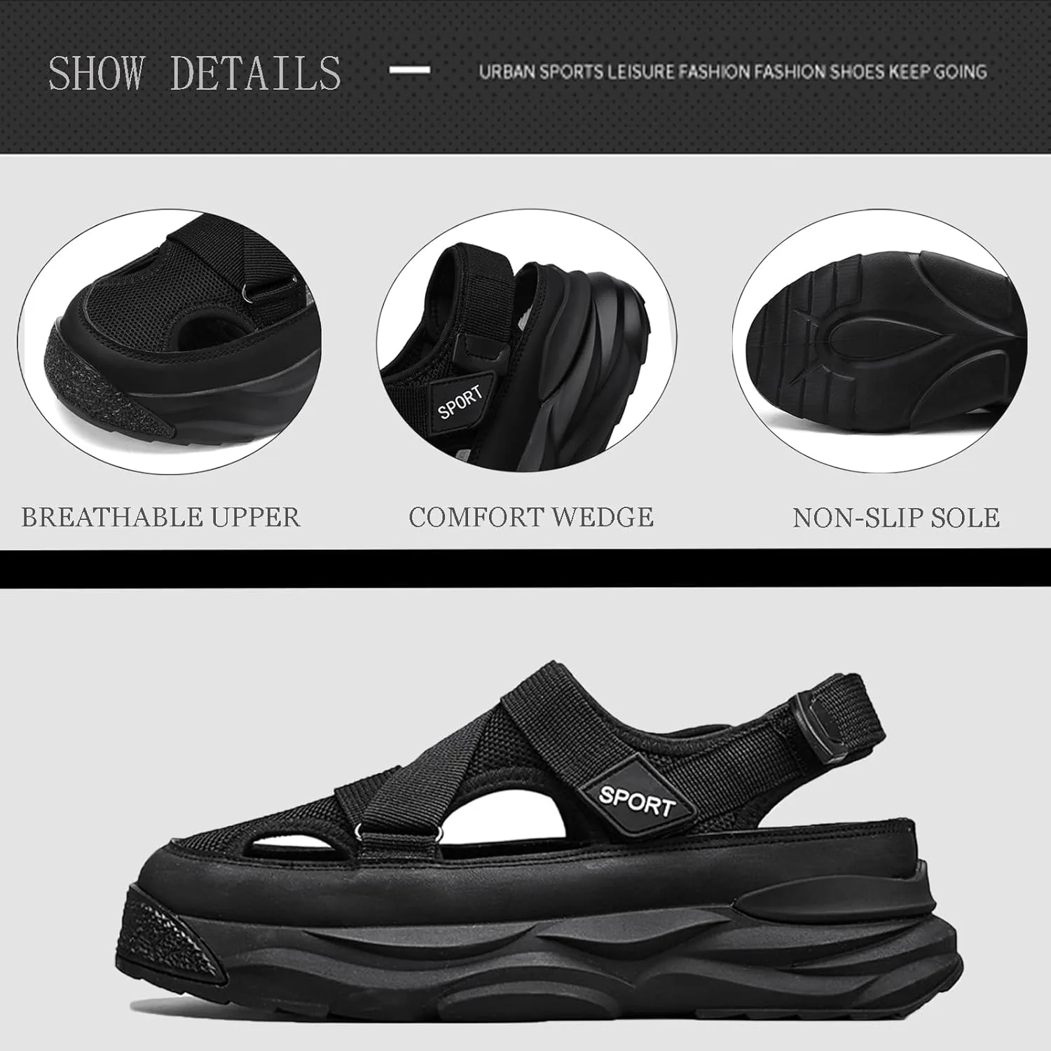 

Мужские лоферы на сетке с крючком и петлей, плоские лоферы с регулируемой пряжкой, дышащие, стиль «рыбак», пляжные, повседневные, для активного отдыха, легкие, нескользящие, обувь для прогулок с открытым носком Crepuscute, черный