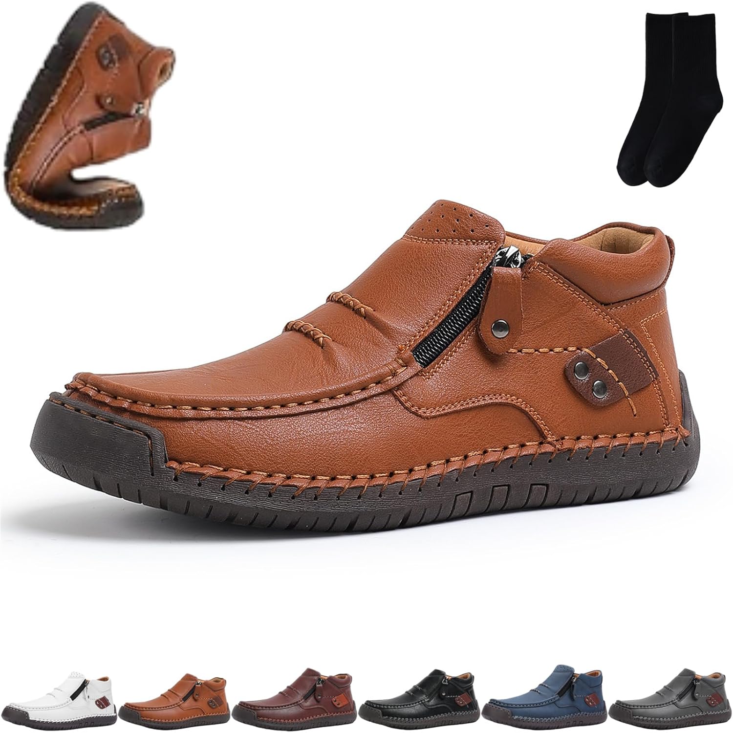 

Мужские ручной работы премиальные кожаные слипоны для вождения с боковой молнией, мужские удобные кожаные ботинки ручной работы, уличная повседневная водонепроницаемая легкая обувь на плоской подошве Xylawave, коричневый