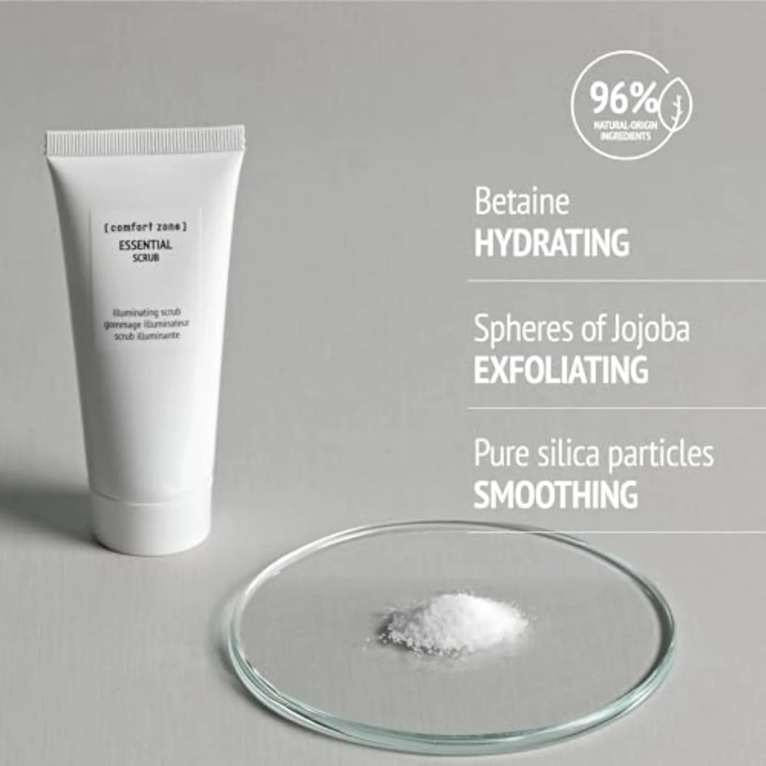 Essential Scrub, осветляющий отшелушивающий эксфолиант, удаляет загрязнения, сужает поры, выравнивает кожу, clean beauty, vegan, made in Italy, частицы кремния, сферы жожоба, 60 мл 59,7 мл [ Comfort Zone ] — фото 4