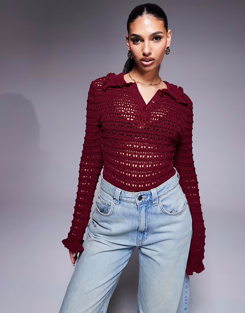 

Боди ASOS DESIGN с трикотажными деталями и оборкой бордового цвета