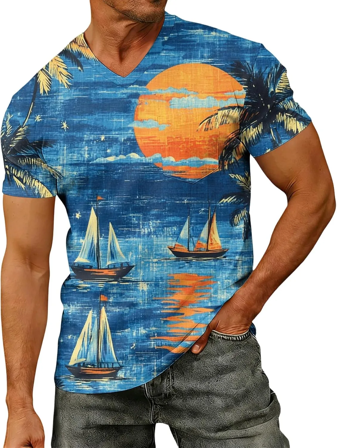 

Мужская футболка с V-образным вырезом и цветочным принтом, короткий рукав, летняя lopmou